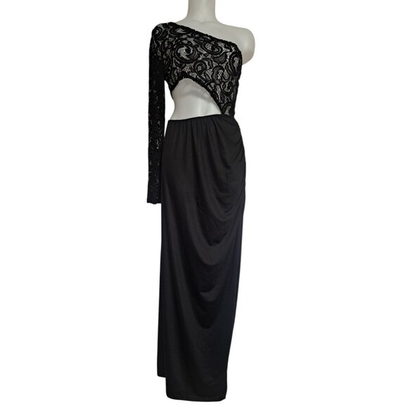 Womens Black One Shoulder Lace Cutout Maxi Evening Gown L Formal Prom Unbranded - Picture 1 of 11